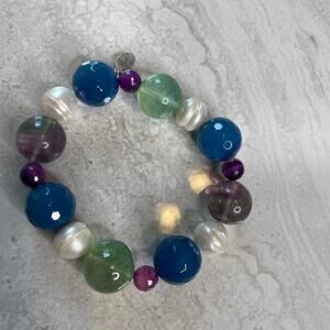 Kate McCullar bracelet beaded stretch signed jewelry blue green glass chunky